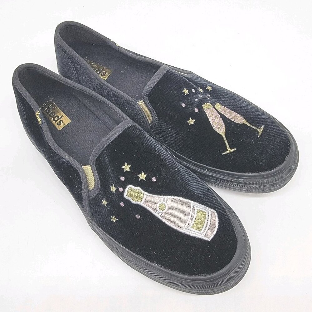 Keds Softerra Embroidered Black Velvet Sneaker Shoes US 9.5 New Year's Party